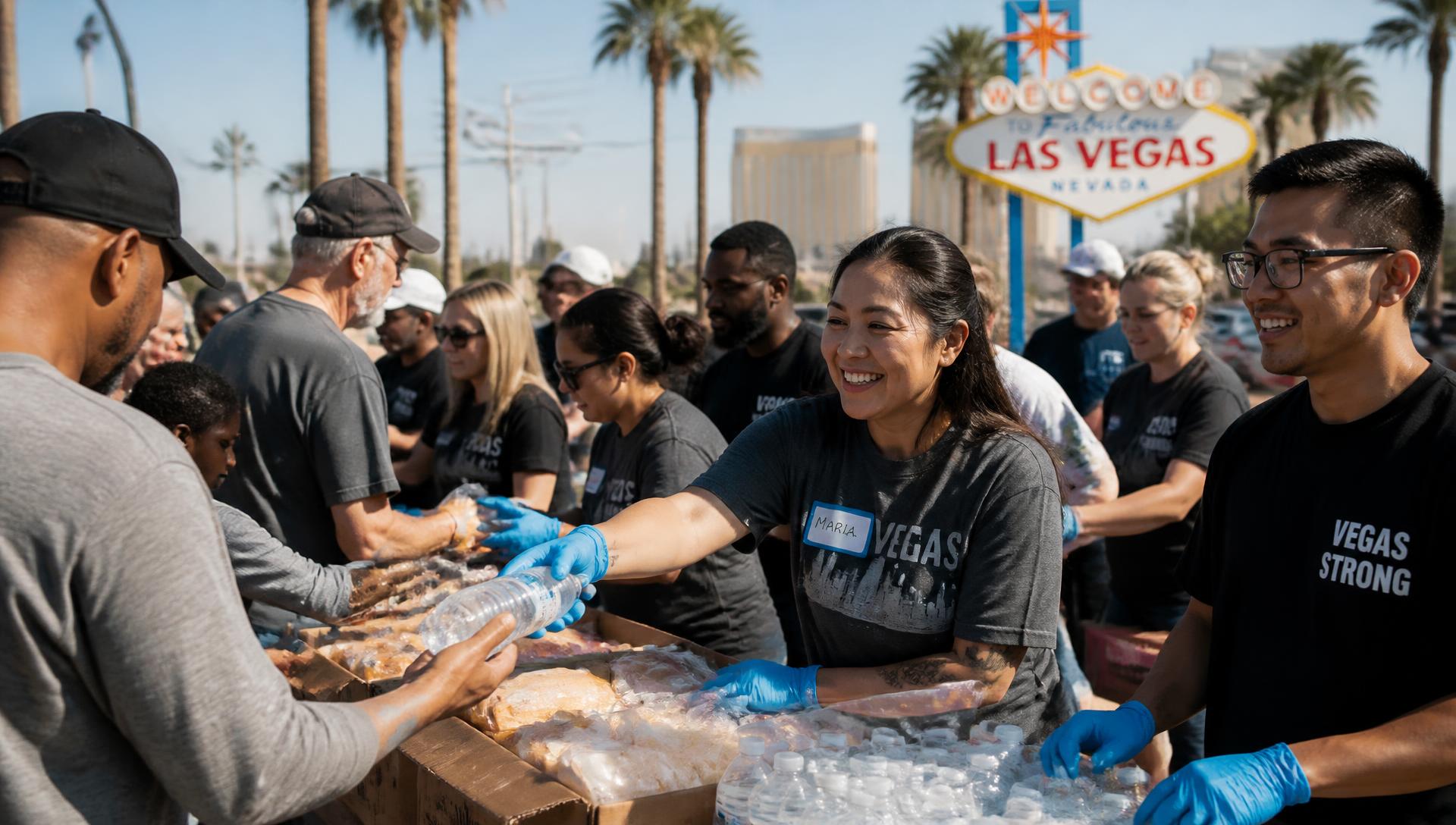 Las Vegas community volunteers handing out food and water together